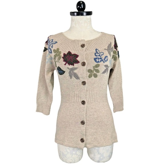 NWT Eddie Bauer Wool Blend Crewel Embroidery Cardigan Leaves Autumn Small - Picture 1 of 16